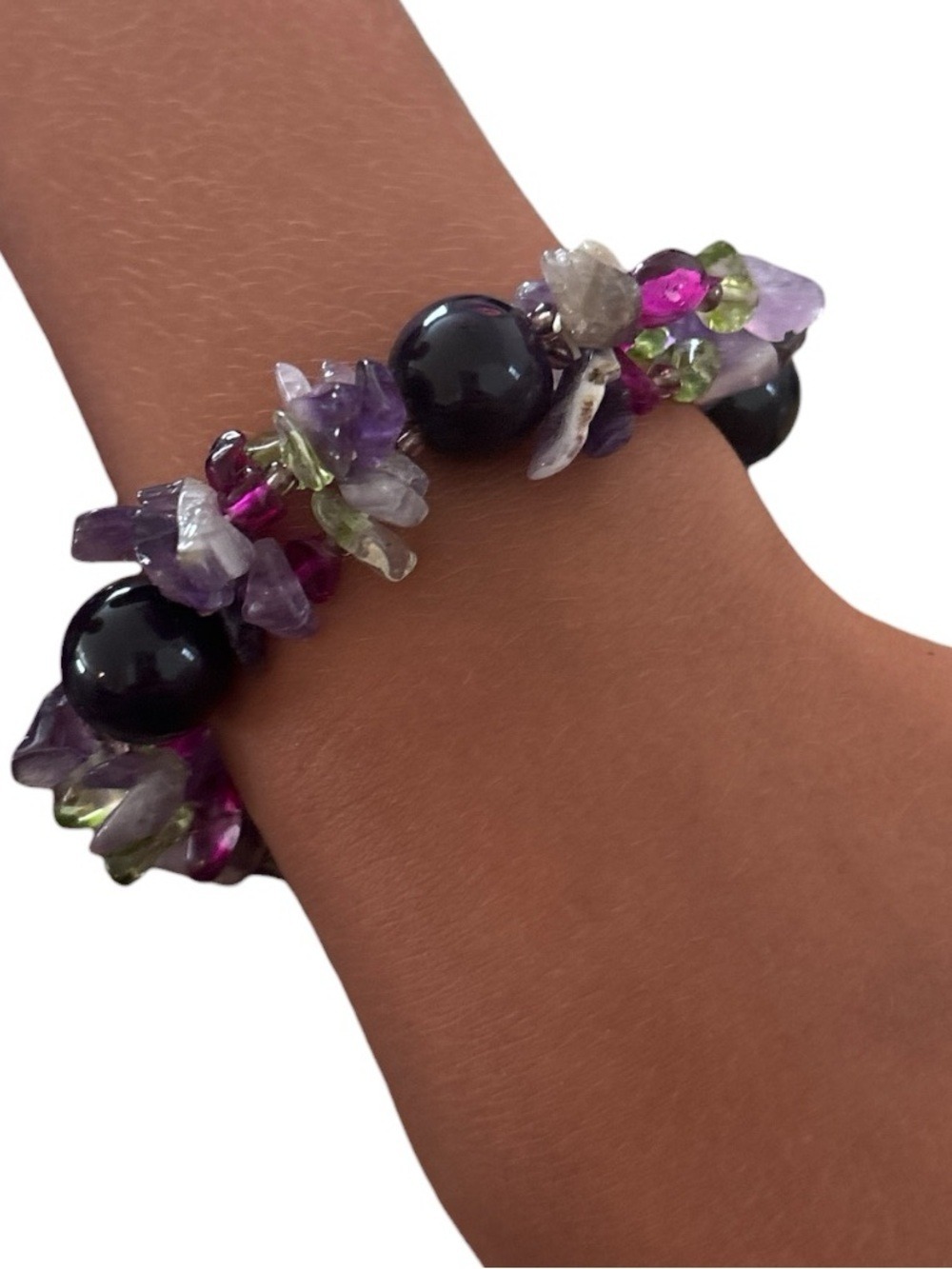 BOHO PURPLE GREEN PINK GEMSTONE CHIP CLUSTER STRETCH BRACELET BLACK BEAD CRYSTAL